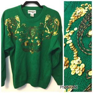 Vintage 80s Green Gold Sweater St Patricks Day Fighting Irish Beaded Sequins (BT